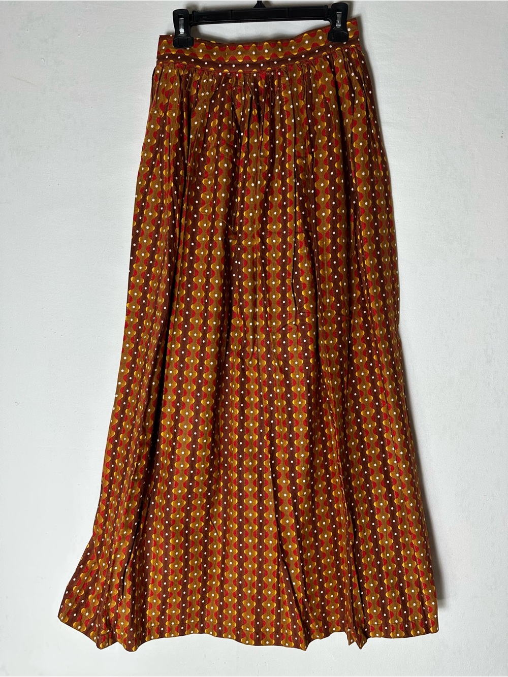 Vintage 70s Handmade Geometric Print Maxi Skirt M Brown Yellow Red Boho TradWife